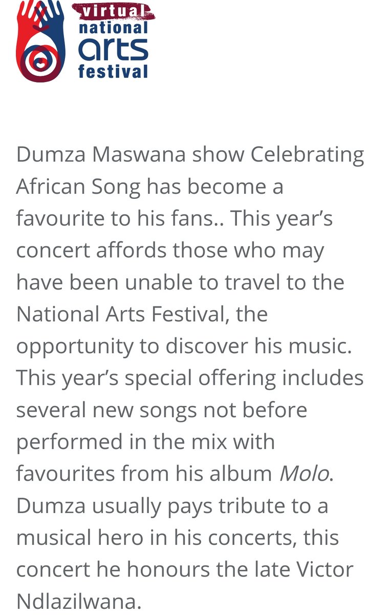 dumzamaswana's tweet photo. Check my performance at the @artsfestival festival on the link below. #VirtualNAF #VNAF
https://t.co/kTxE9ubntJ https://t.co/Trz5lBrY6w