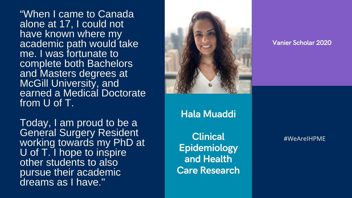 Congratulations Hala Muaddi, one of 11 IHPME students to receive a Canada Graduate Scholarship, one of Canada’s most competitive graduate awards. #vaniercanada 
buff.ly/3etcnQf
