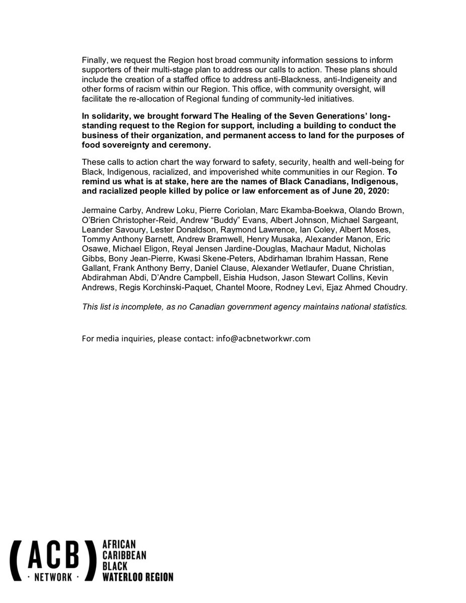In this political climate, African, Caribbean and Black Communities need action. We call on Waterloo Regional Council to address the specific calls to action put forth.