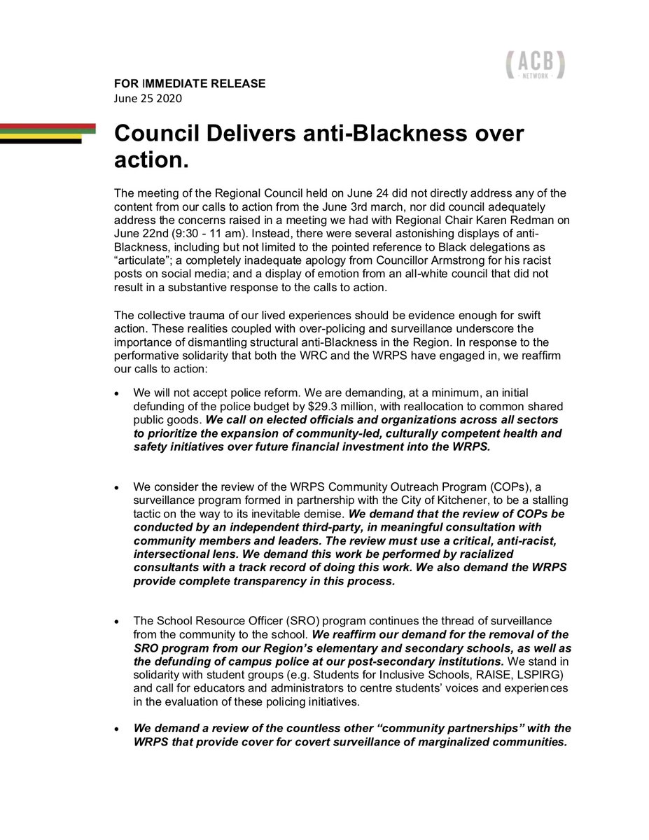 OfAcb's tweet photo. In this political climate, African, Caribbean and Black Communities need action. We call on Waterloo Regional Council to address the specific calls to action put forth. https://t.co/MnsgmVN8qs