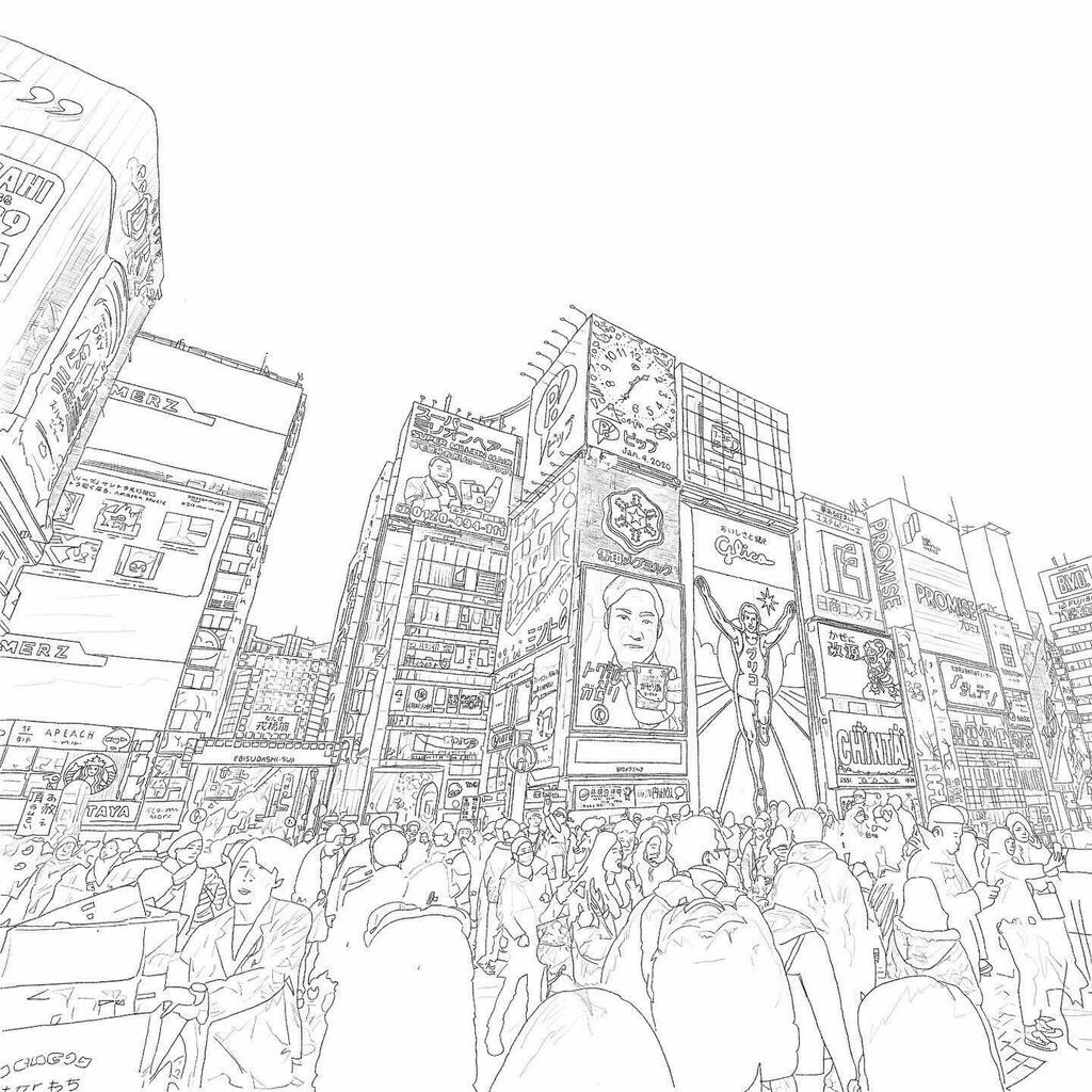 Masa Osada ブログが仕事 In ニュージーランド Ar Twitter 新しい絵を描いてみました もう最近の空き時間はこの線画ばっかり 今回は大阪 線画 風景画 街並み 日本 大阪 なんば 戎橋 鉛筆画 Artwork Pencildrawing Cityscape Japan Osaka Namba