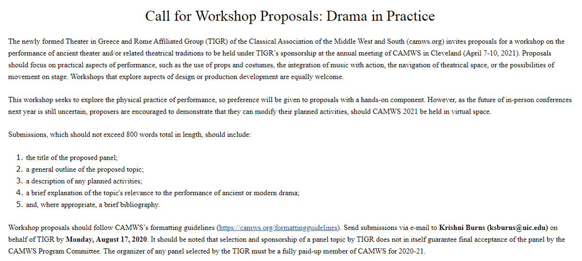 #CFP #CAMWS 2021: Call for Workshop Proposals - Drama in Practice [Cleveland, April 7-10, 2021] camws.org/node/1880 <a href="/camwsclassics/">CAMWS</a> Due August 17
