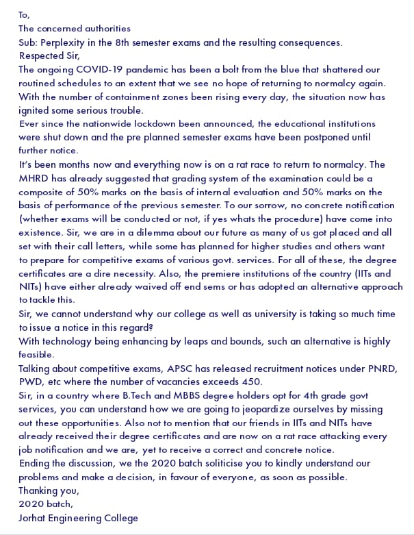 MayurdeepP's tweet photo. A humble request to all the concerned authorities to come up with a plan for graduating the final year student. Our career is in your hands now, please act accordingly.
@himantabiswa @sarbanandsonwal 
@HRDMinistry @ugc_india @AICTE_INDIA 
 #DTE_Assam 
#Jorhat_Engineering_College https://t.co/kzJYjCvkI1