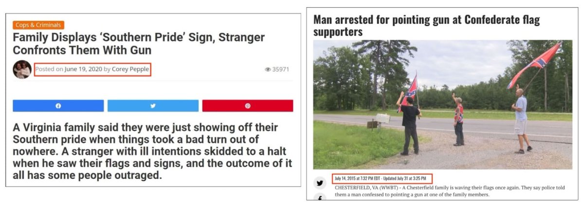 6. Here's an example. On June 19, 2020, Mad World News wrote an article about a guy waiving a confederate flag on the side of the road who was threatened by a man with a gun. NOT MENTIONED: This incident happened in 2015 https://popular.info/p/the-dirty-secret-behind-ben-shapiros