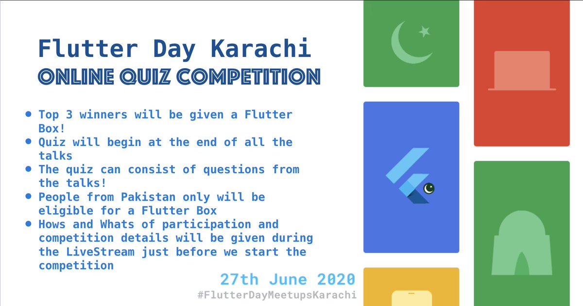 FlutterKarachi's tweet image. Get ready for the amazing Flutter Day celebrations with us this Saturday! 
Here are a few details of the Quiz Competition that we recently announced! We are looking for some competition here! ⚡️
Stay tuned! Mark your calendars! 🗓 
#FlutterDayMeetups #FlutterDayMeetupsKarachi