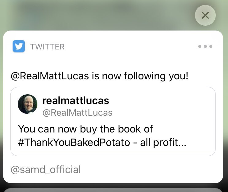 OH MY LIFE  @RealMattLucas has followed me! A true blessing! Thank you baked potato!!!! 