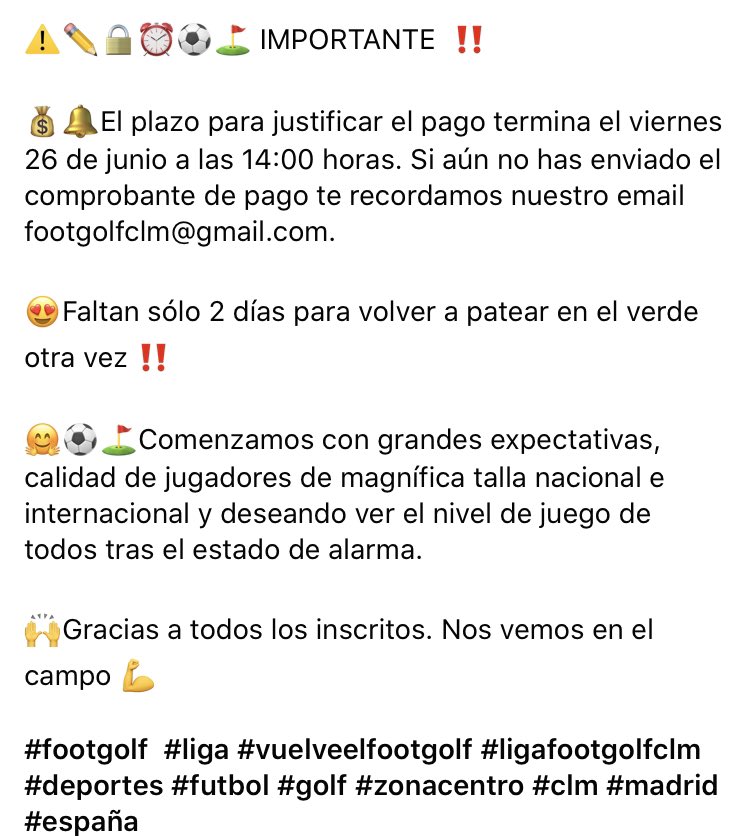 ⚠️✏️🔒⏰⚽️⛳️ IMPORTANTE  ‼️

💰🔔El plazo para justificar el pago termina el viernes 26 de junio a las 14:00 horas. Envíanos  el comprobante de pago te recordamos nuestro email footgolfclm@gmail.com. 
#footgolf  #liga #ligafootgolfclm #futbol #golf #zonacentro #clm #madrid #covid