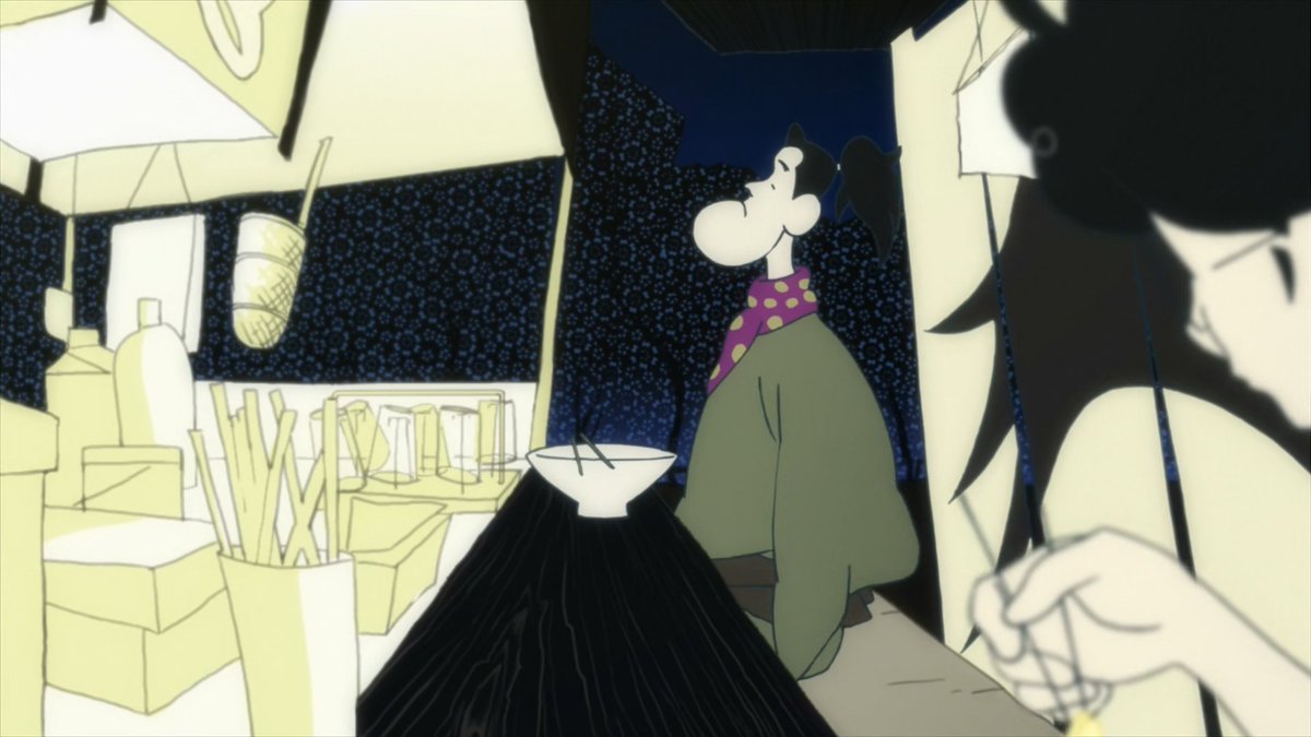 One detail we learn of here is that this cart is somewhere within the vicinity of the Shimogamo Shrine, a place of receiving matchmaking blessings from the gods. This is an important detail as we go through the next scene. Sitting next to our protagonist we find... an odd figure.