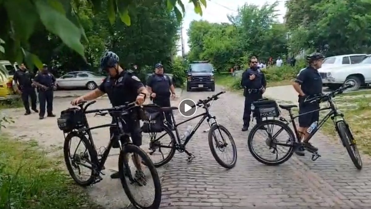 vaun turns to the camera and repeats the woman's story, pretty much as i've described it, in the meantime the police have formed a bicycle line