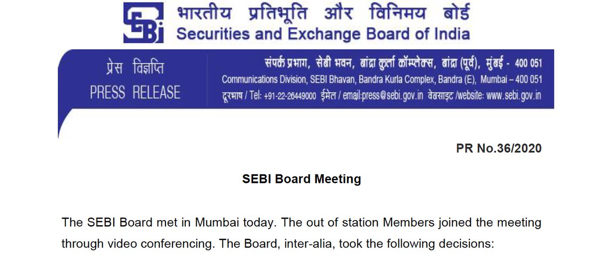 Thread on today's SEBI Board meeting annoucements 1/n