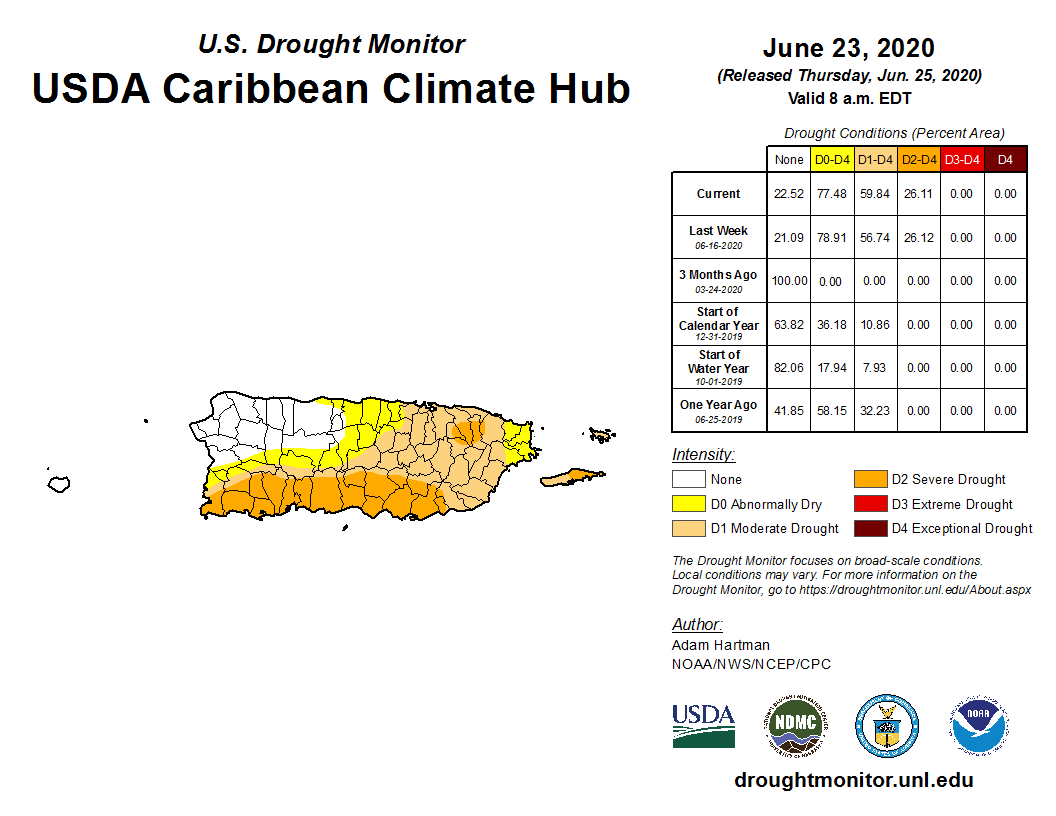 #Drought Monitor update June 23, 2020. This week saw a slight reduction in D0 coverage on the western coast but also an expansion of moderate drought (D1) to the southeast coast. caribbeanclimatehub.org/resources/drou… #PuertoRico