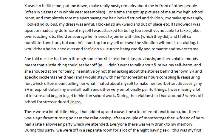 tw: sexual assault, abuse, self harmShitting myself but recent conversations have given me the confidence to post this as it's something that needs to be heard - my experience of abuse in a wlw relationship 1/2