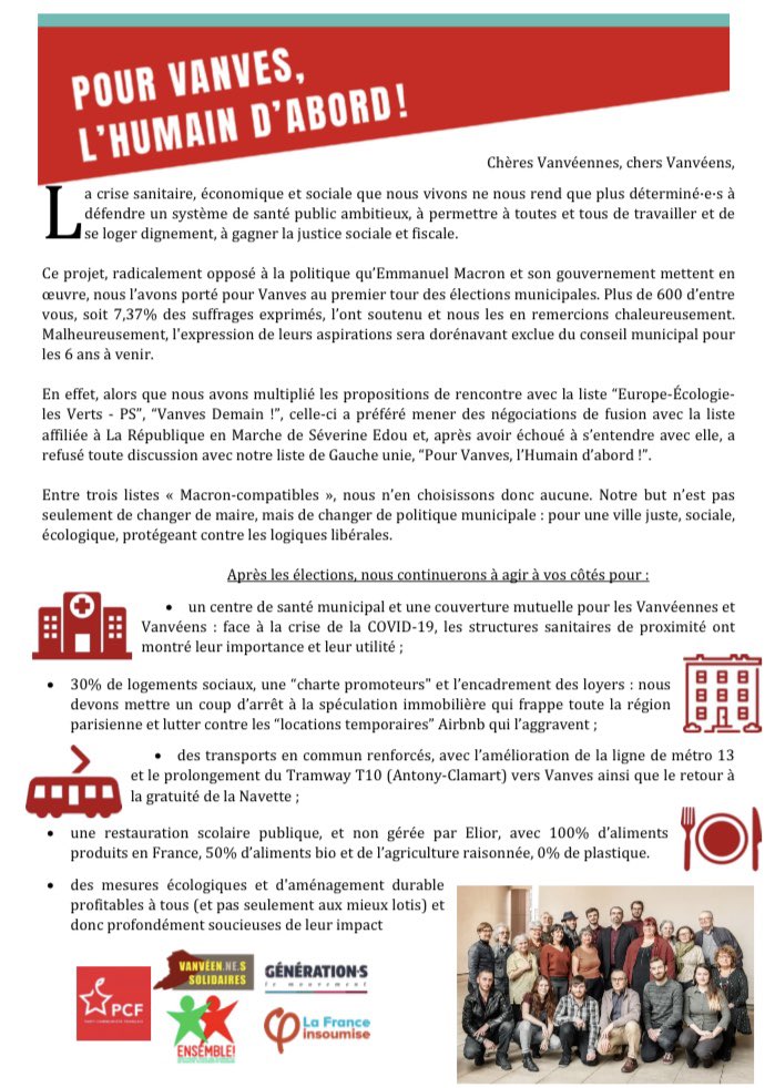[COMMUNIQUÉ - SECOND TOUR]

Merci à toutes celles et ceux qui nous ont fait confiance le 15 mars, et qui se sont déplacé.e.s pour soutenir notre projet. 

Après les élections, nous continuerons à agir à vos côtés pour une ville plus sociale, solidaire, écologiste et démocratique.