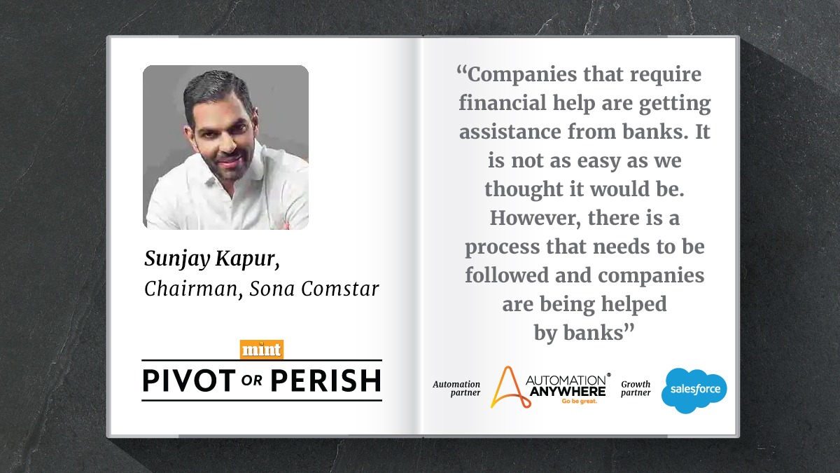 livemint's tweet photo. #CEOSpeak | I think the financial institutions are doing what they can do, @sunjaykapur, Chairman, @sonacomstar tells @malyabanghosh in an interview for Mint's #PivotOrPerish series  

https://t.co/vZxmniNHiI https://t.co/8A13QTrfB1