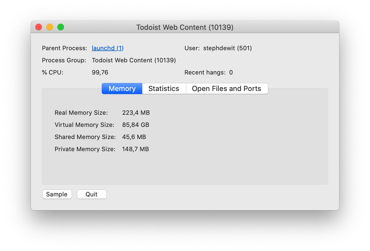 stephdewit's tweet image. Hello @todoist. Mac client uses a lot of CPU resources. I observe this since a few versions at least. Could you check what’s happening?