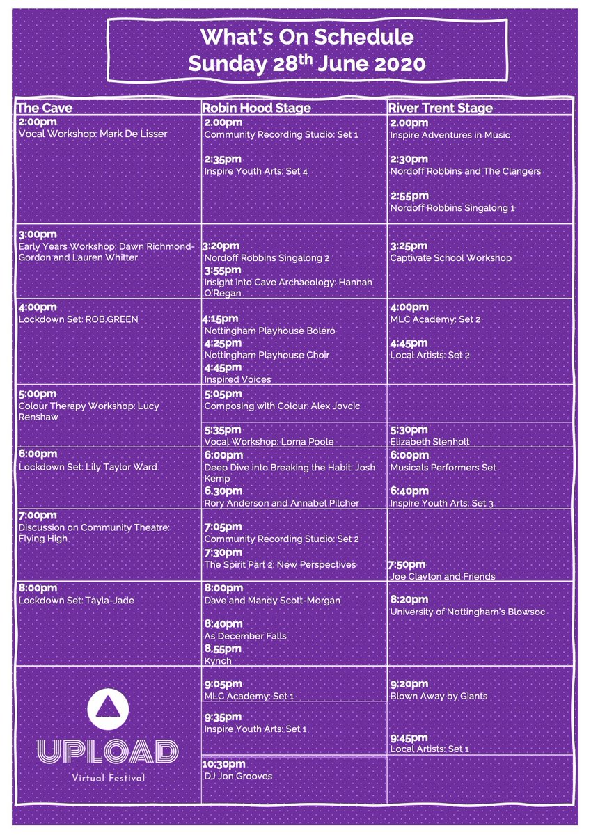 upstreampark's tweet photo. **WHAT'S ON SCHEDULE** for The Robin Hood, River Trent Stage and The Cave! Look out for much more in the Gallery and Fun Fair too!

Our detailed 100 page programme filled with images and descriptions will be accessible via STREAM PARK's information point.

https://t.co/7A5MtlHnnq https://t.co/9MAsbRqYEX