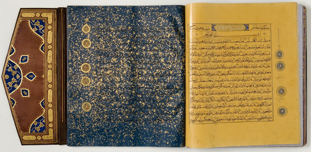 The most similar Timurid Qur'an to the one being sold today by  @ChristiesInc is the example at the Detroit Institute of Arts, purchased by them in 1930. It's larger than the Christies copy, but the colored paper has gold flecks only, not illustrations. https://dia.org/art/collection/object/quran-49203