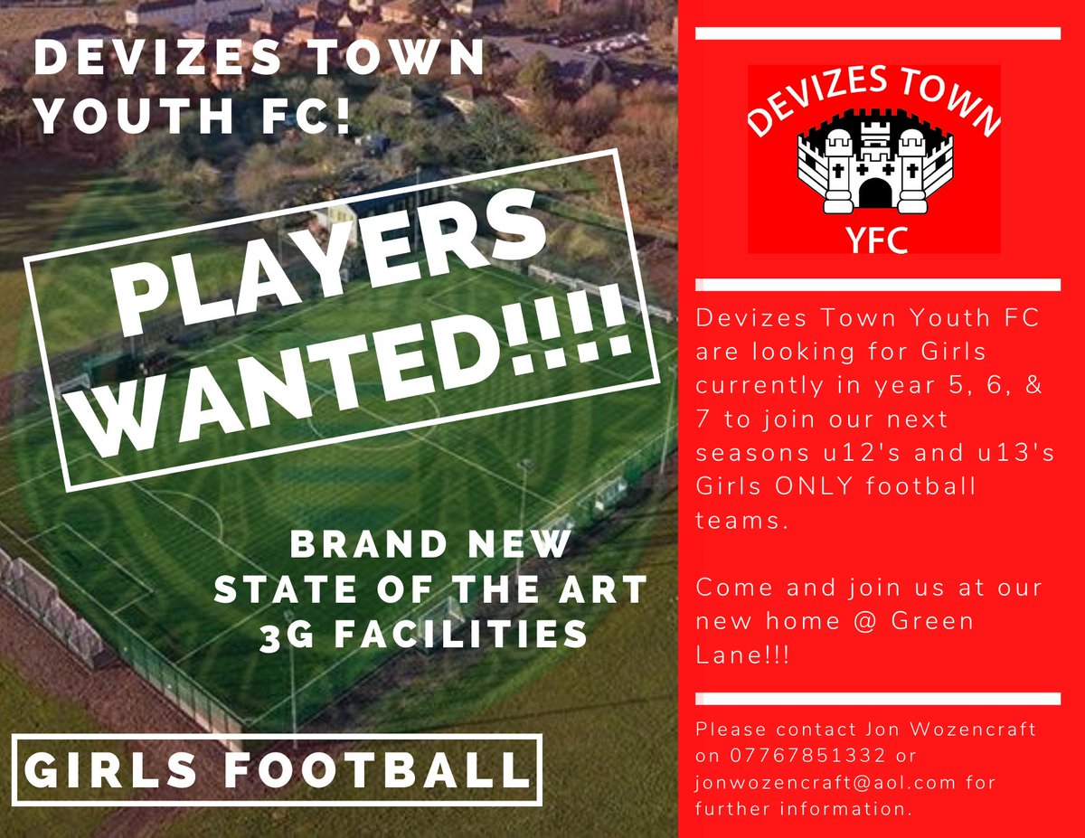 Devizes Town Youth Football Club (@devizesyouthfc) on Twitter photo Players Wanted for our Girls only football teams!!!
Come and join us....... <a href="/WiltsCountyFA/">Wiltshire FA</a> <a href="/Lionesses/">Lionesses</a> <a href="/nwyfleague/">North Wilts League</a> <a href="/mwymfl/">MWY&MFL</a> <a href="/GreenLanePF/">Green Lane Playing Fields</a>
#thisgirlcan #thetown #girlsonly #lionesses
devizestownyouthfc.org.uk/news/players-w…!!!!! Players Wanted for our Girls only football teams!!!
Come and join us....... <a href="/WiltsCountyFA/">Wiltshire FA</a> <a href="/Lionesses/">Lionesses</a> <a href="/nwyfleague/">North Wilts League</a> <a href="/mwymfl/">MWY&MFL</a> <a href="/GreenLanePF/">Green Lane Playing Fields</a>
#thisgirlcan #thetown #girlsonly #lionesses
devizestownyouthfc.org.uk/news/players-w…!!!!!