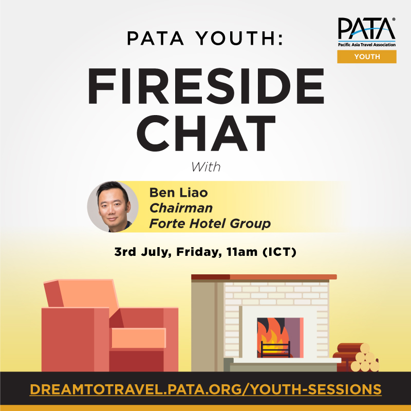 PATA_HQ's tweet photo. Join next week's #PATAyouth #firesidechat w/ Ben Liao, Chairman of #ForteHotelGroup, to learn what's new in #hospitality. How has this sector evolved alongside tech-driven demands? What can #hotels do to adapt to the new environment? Fri 3 July, 11am ICT:  https://t.co/Dd6iIx4GQz https://t.co/YogfQqs9iV