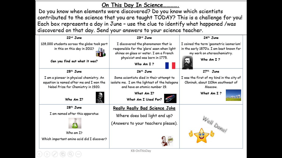 HolyheadScience's tweet photo. @HolyheadScience want everyone to have a go at this week's, on this day in science quiz. How many can you get? @holyhead_school https://t.co/KV1j1CW9DD