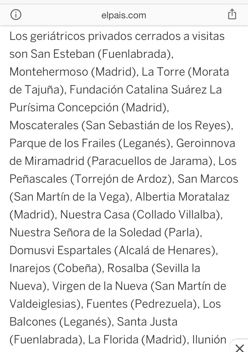 <a href="/el_pais/">EL PAÍS</a> una web de un medio reconocido de información en España. Las noticias falsas son denunciables si se demuestran. El geriátrico privado Montehermoso de Madrid no ha cerrado las visitas privadas. A día de hoy no tiene ningún caso covid19. Esperamos rectificación.