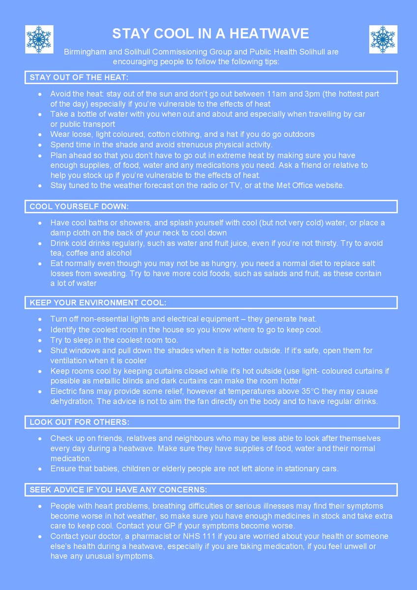 It's a hot one again today!! Make sure you stay safe in the heat by following the helpful tips provided by Birmingham and Solihull Commissioning Group and by Public Health Solihull. 
#Solihull #staycooloutthere #hothothot
☀️☀️☀️☀️☀️☀️☀️☀️☀️☀️