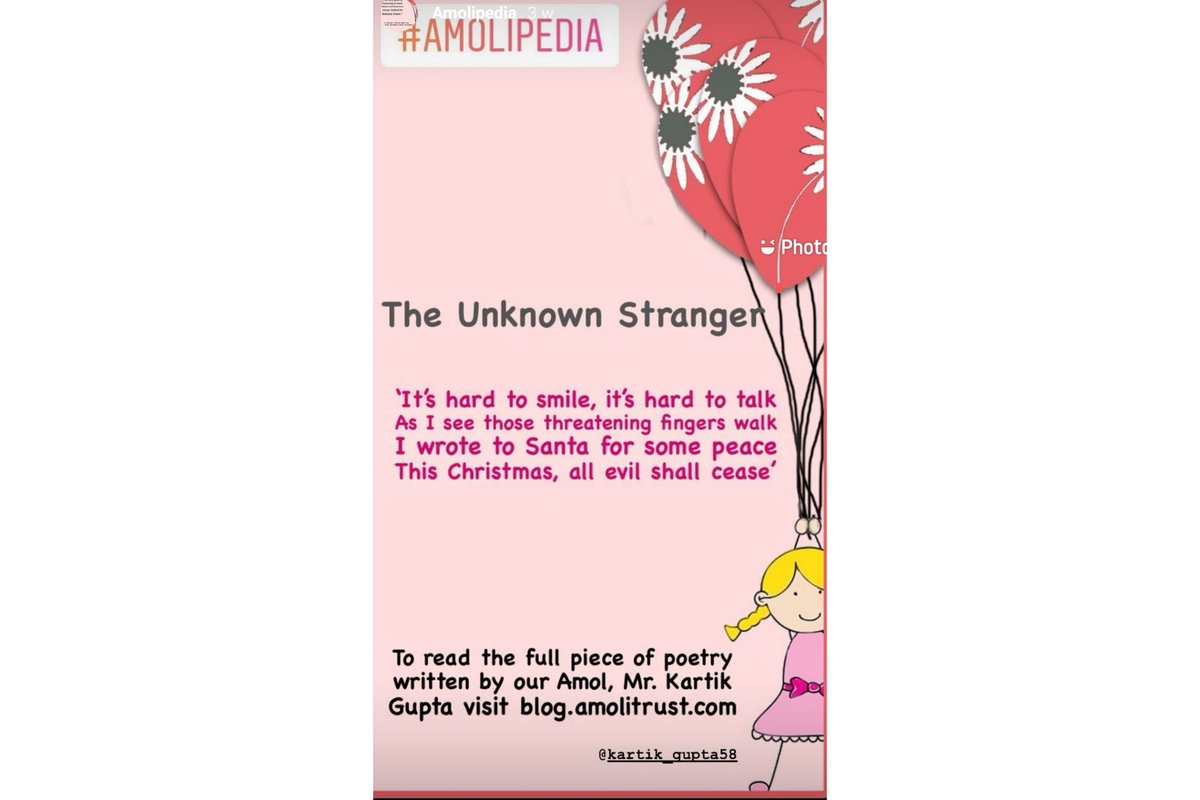 TrustAmoli's tweet photo. 'Am I some of many, or many of some?'

Check out this heart touching poem written by one of our Volunteers.
"The Known Stranger"- @kartikgupta0100 

#amolipedia - https://t.co/scTwz4of4F
#childsafety #SpeakUpIndia #Speakupforchildsexualabuse https://t.co/2PRCt3Jr6n