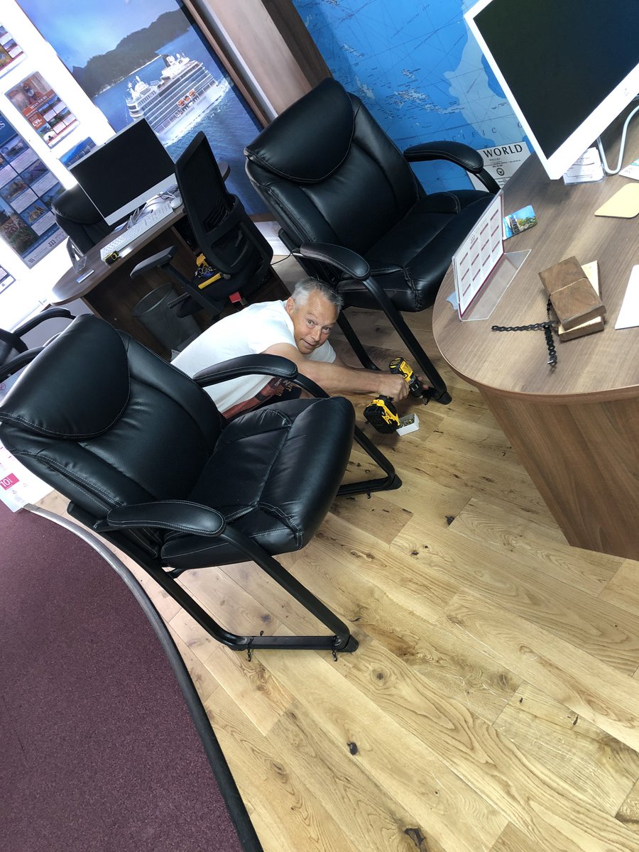 MMTMan's tweet photo. When they said would I do management “back to the floor” I never thought it would be screwing chairs to the floor! #COVID19 #PPE #OPENNEXTWEEK #THENEWNORMAL https://t.co/AceQNnhmzy