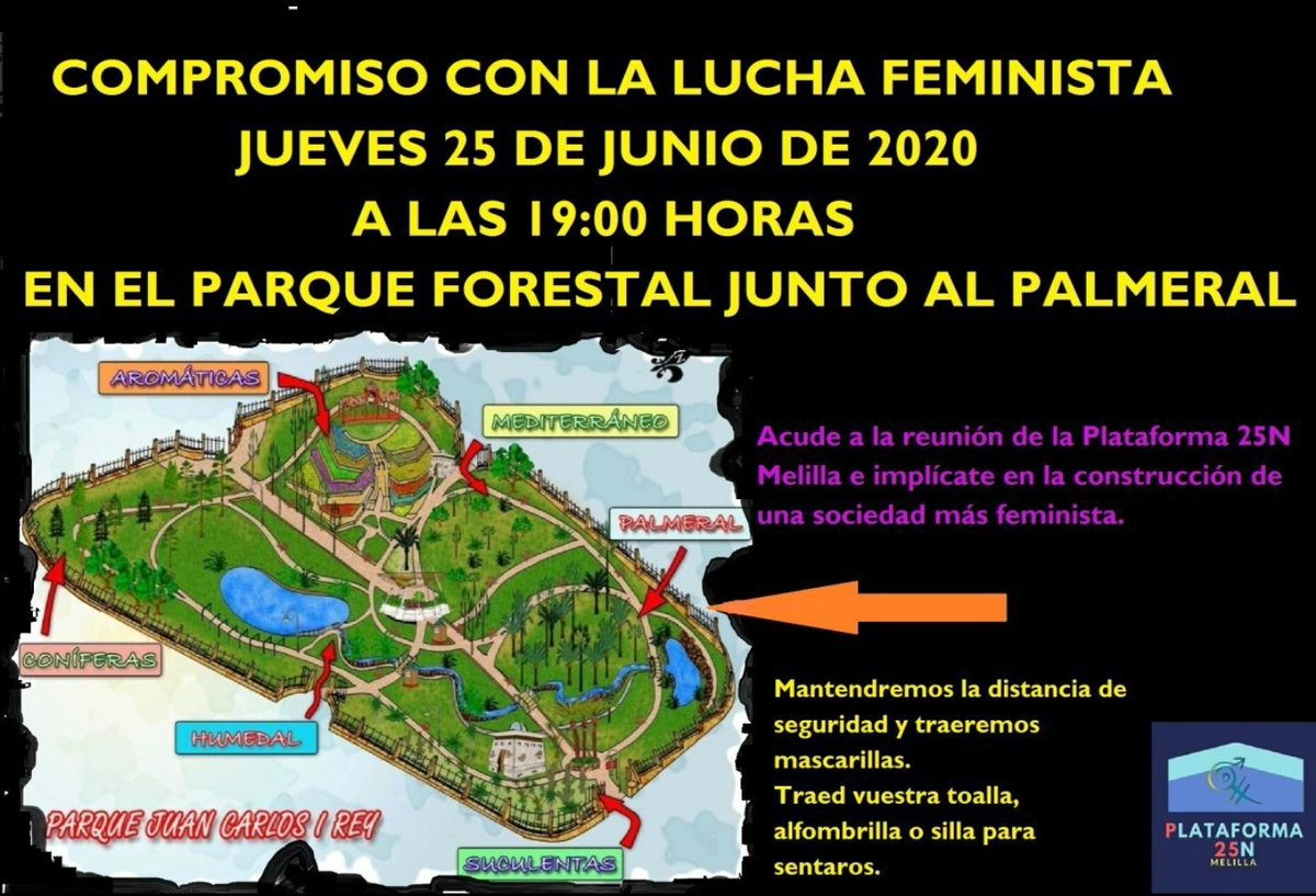 25NMelilla's tweet photo. 📢 Desde la Plataforma @25nmelilla convocamos a una reunión ESTA TARDE a las 19h, en el Parque Forestal, a toda persona que quiera participar activamente en la construcción de una Melilla más feminista ♀️💪.
Necesitamos gente comprometida y motivada. 
¡Anímate y participa!🙌 https://t.co/7ISKiI13Tu