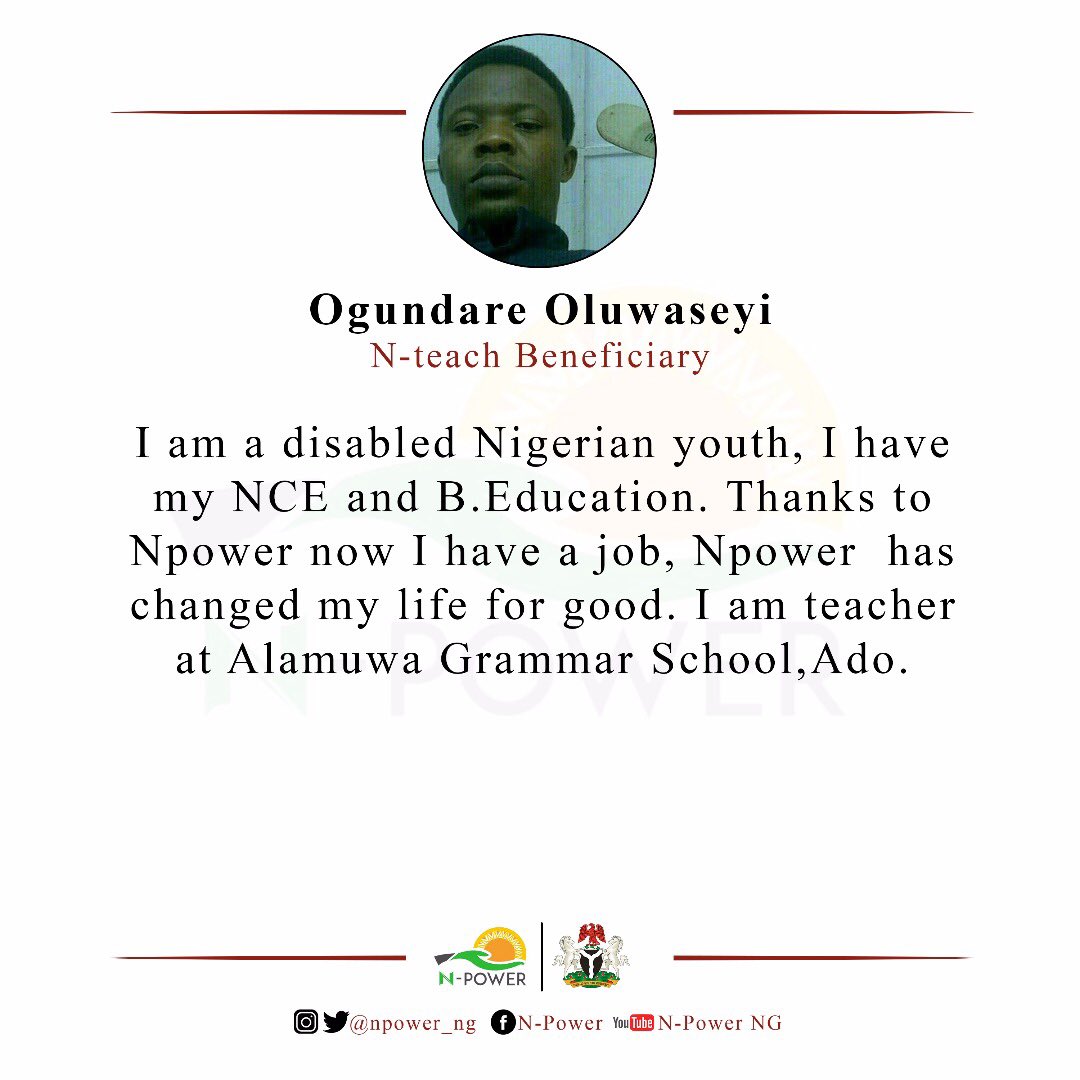 mickiebrownkie's tweet photo. “I’m a disabled Nigerian youth, I have my NCE &amp; https://t.co/D6lre88ZZa. Thanks to @npower_ng now I have a job.” -  Ogundare Oluwaseyi.

It won’t trend because it’s the most common Nigerians that are giving testimonies of PMB’s good work.
#NPowerTestimonies
#NPowerDoingMuchMore https://t.co/hDyTO0lpri