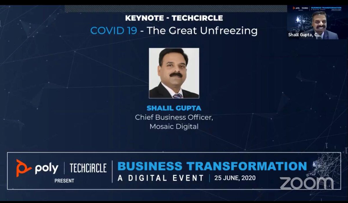 MosaicDigitalIN's tweet image. @shalilgupta, CBO, #MosaicDigital opens the day&apos;s discussions with a keynote on &apos;COVID-19: The Great Unfreezing&apos;. Live stream now techcircle.in

#TechCircleBT #research #leader
