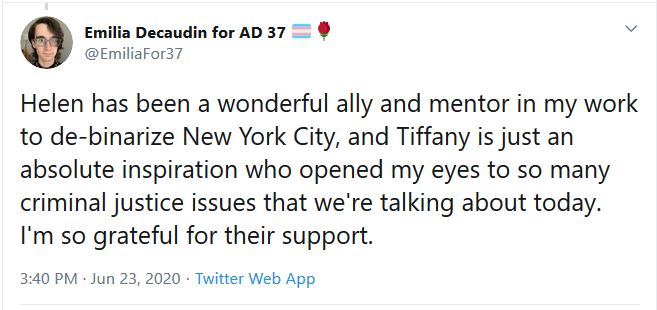 yatakalam's tweet photo. Translating from Newspeak term:

Helen has been a wonderful ally and mentor in my work to grab political representation in New York City back from women and into male hands where it always belonged in the first place.

I'm so grateful women aren't putting up a fuss. https://t.co/6fbrbBQvCC
