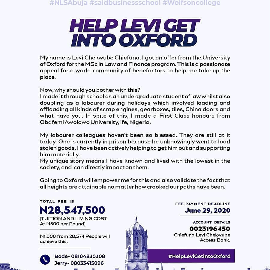 Thank you everyone for the generous donations so far. Please don't stop sharing until it gets to all the good and generous Nigerians and world people out there and in your network. #GetLeviIntoOxford #Greatife #OAUalumni #Wolfsoncollege #Oxbridge #BlackLivesMatterUK RT