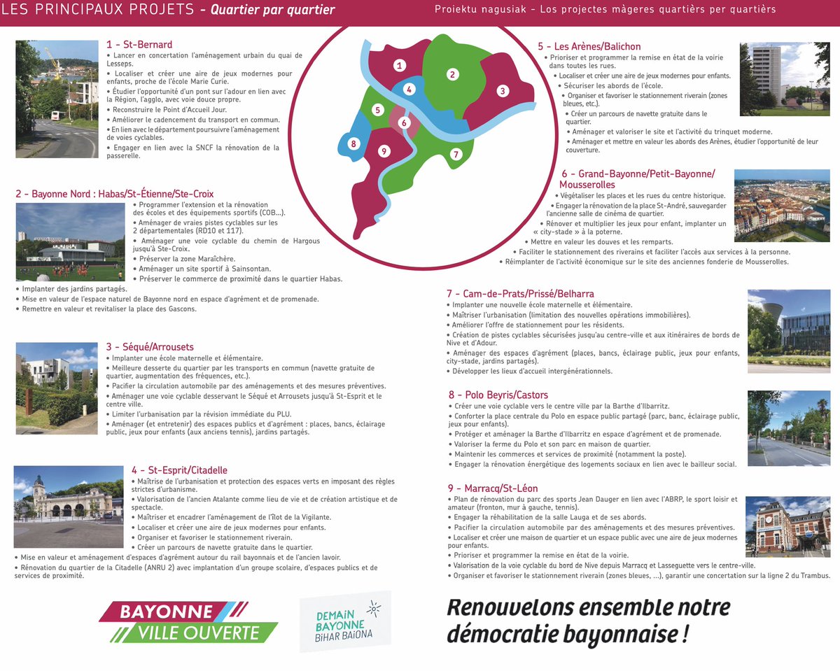 Nous avons à cœur de n’oublier aucun quartier de notre ville ! Voici les principaux projets sur lesquelles nous nous engageons. 
Dimanche 28 juin, votons <a href="/HenriEtcheto/">Henri Etcheto</a> ! 
Notre programme 👉🏻bayonnevilleouverte.fr