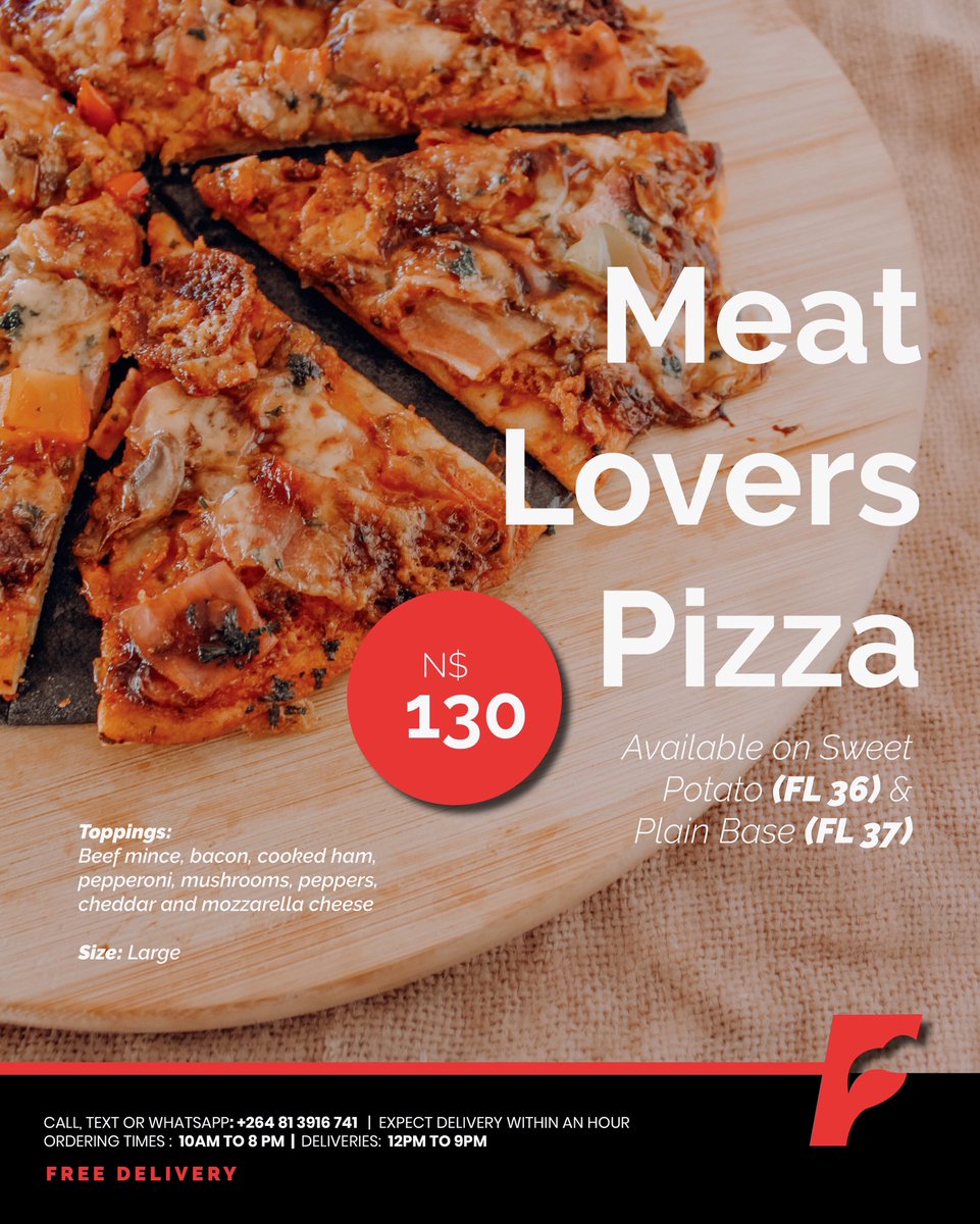 FlamingoNamibia's tweet photo. If youβre going to try something off our menu today, it should be our latest added pizza option. The Meat Lovers. π
Place your order just in time for lunch or dinner or snack time. π
#flamingonamibia #wheretoeatnamibia #pizza #lunch #dinner https://t.co/f6jCwmbfuf