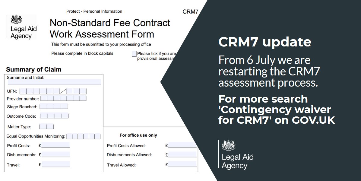 Image of a CRM7 form, with a grey text box overlayed on the right hand side with the headline "CRM7 update: From 6 July we are restarting the CRM7 assessment process"