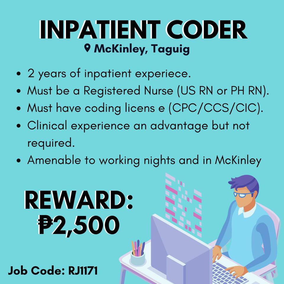 thereferrers's tweet image. Do you know a Inpatient Coder? Refer them now to these vacancies and earn a reward when your friend gets the job.
How? lnkd.in/fZe3yVt
Send your Referrals at lnkd.in/fPgus-Q
Go to lnkd.in/f7sMZ77 for more.
#InpatientCoder #McKinleyTaguig