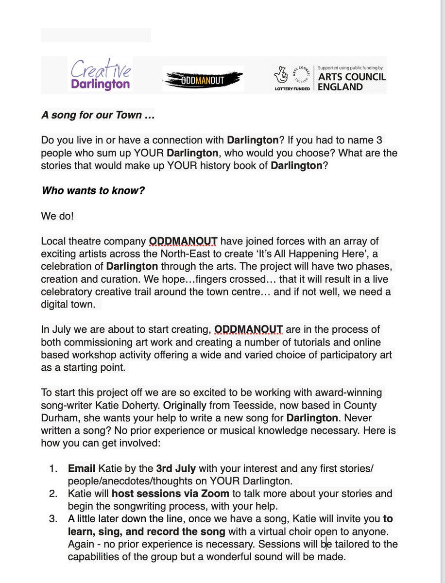 Fancy trying out a bit of song-writing? If you are in Darlington sign up to find out more about the project and how you might want to get involved 😀