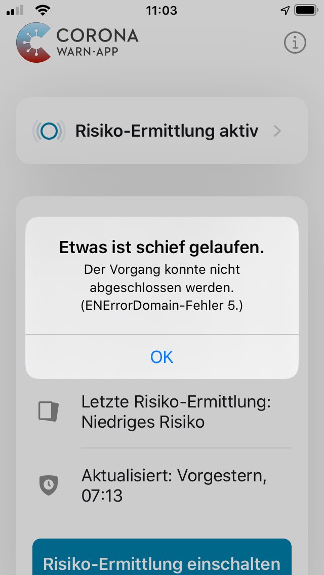 #Corona-Warn-App und iPhone? Läuft trotz Fehleranzeige weiter, sagt der Herr an der Hotline. Sie seien schon dran. Ja, ich habe echt angerufen 🙈