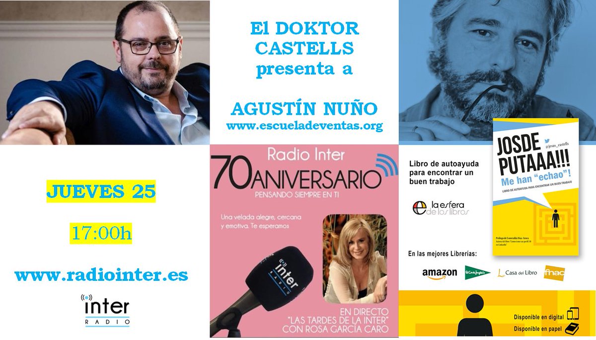 Esta tarde a las 17h Agustín Nuño <a href="/anunorod/">Agustín Nuño</a> , Director de <a href="/EDVE_es/">Escuela De Ventas</a> , nos contará porqué el área de #Ventas es la que menos #paro tiene. #FelizJueves #formacion #LastardesdelaInter con Rosa García Caro <a href="/RadioInter_es/">Radio Inter</a> Vía <a href="/esferalibros/">La Esfera de los Libros</a> ¡No te lo pierdas!