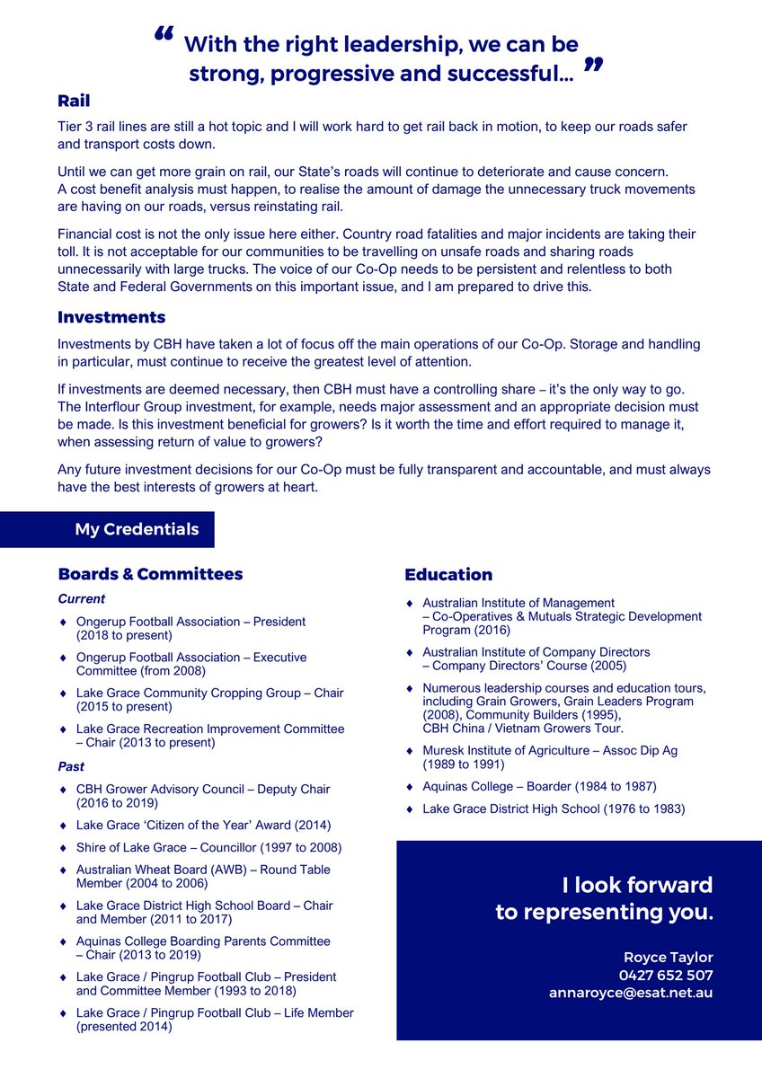 You may have heard that I’m standing for a position on the CBH board in District 4. Please have a read below and retweet. I look forward to your support.