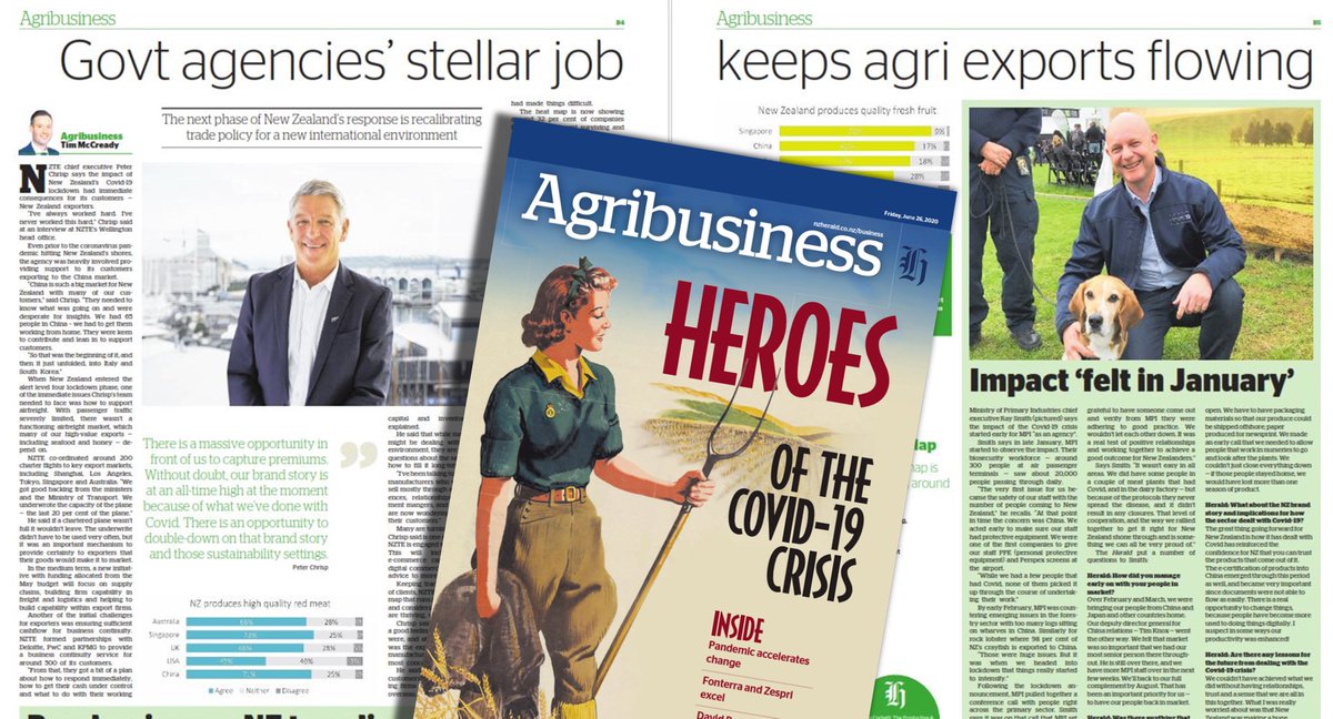 After a three month hiatus, the <a href="/nzherald/">nzherald</a> Business Reports are back! 

In today’s Agribusiness supplement, my pieces with chief executives of <a href="/NZTEnews/">NZTE</a> and <a href="/MPI_NZ/">Ministry for Primary Industries</a> uncover how government agencies got behind the sector and kept it operating throughout Covid-19. In print &amp; online.