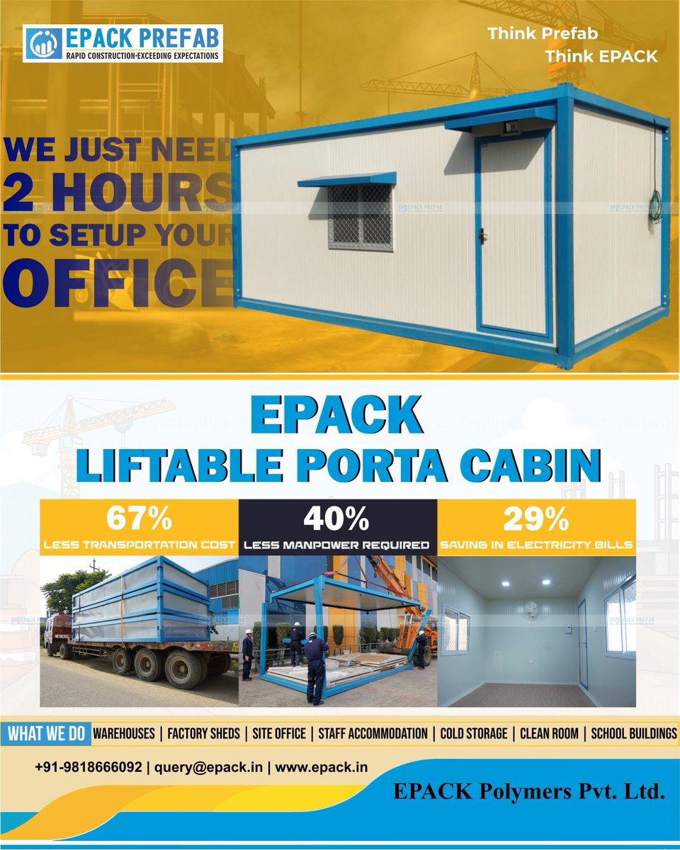 EPACKPrefab's tweet photo. Yes, you heard it right 2 hours is what we need to install the cabin at your project location.
Contact us today for more information.
#portacabin #insulated #pufpanel #sandwichpanels #modularconstruction #prefabricatedcabins #cabins #epackprefab #insulatedcabins #siteoffice https://t.co/TG6jTKfRfK