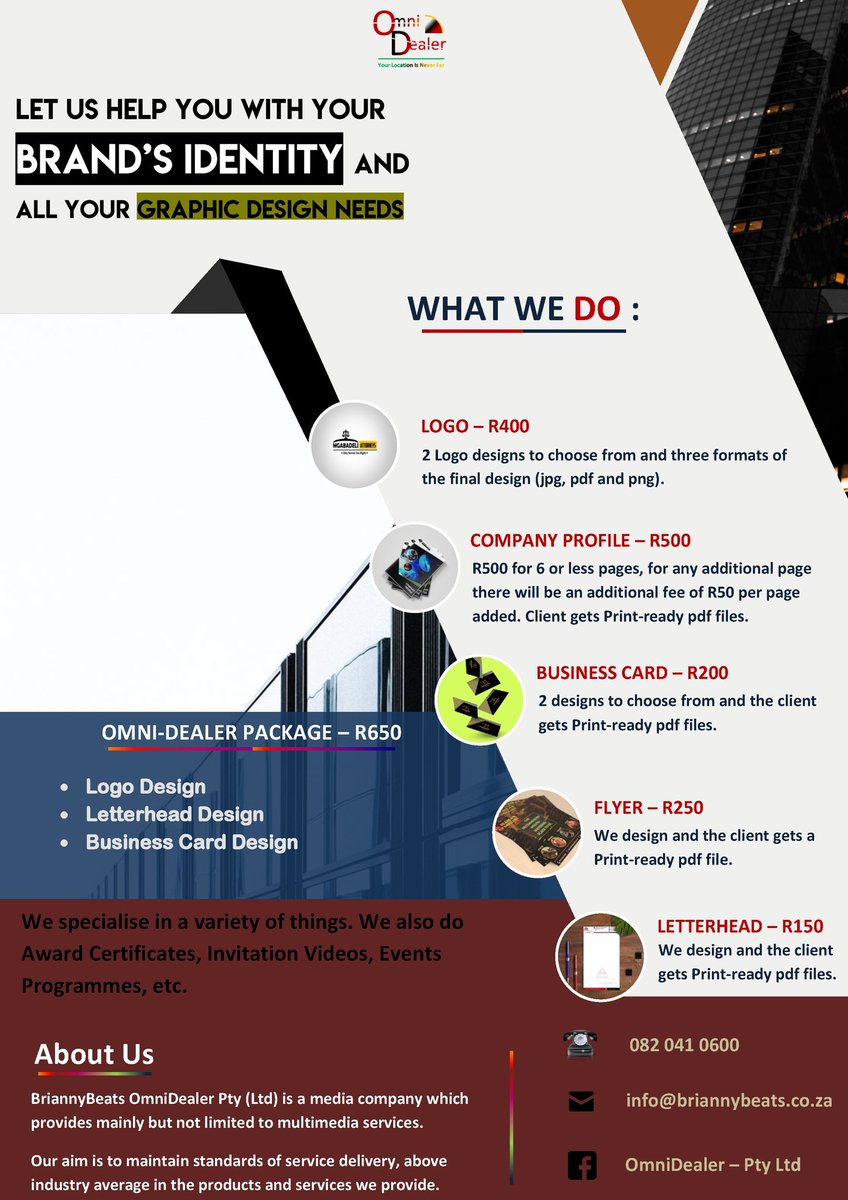 TobileMashego's tweet photo. @IvynSambo #IvynSambo
OmniDealer Pty (Ltd) is a media company which provides mainly but not limited to media and domestic services.
Our aim is to maintain standards of service delivery, above industry average in the products and services we provide. https://t.co/ypCrd9lXOR