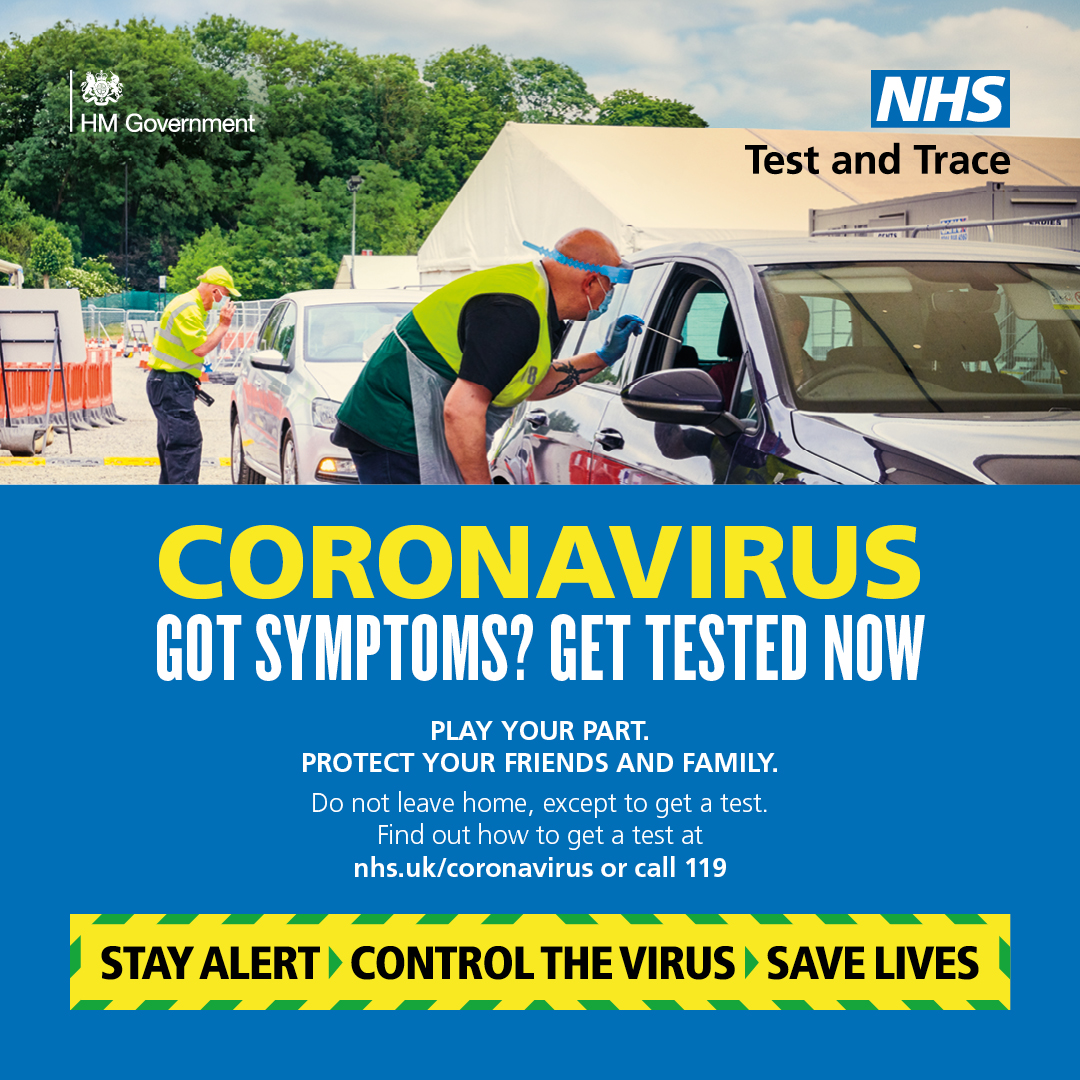 If you have any of these symptoms:

➡ High temperature 
➡ New, continuous cough
➡ Loss/change in sense of smell or taste

You must self-isolate and book a test here:
nhs.uk/coronavirus

#COVID19| #StayAlert