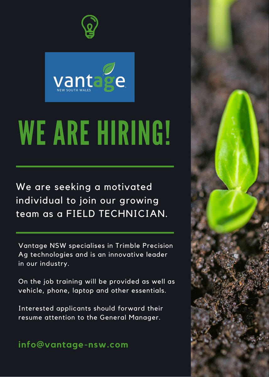 mcx_tech's tweet photo. Are you looking for a career in Precision Agriculture?

We are seeking a motivated individual to join our team as a FIELD TECHNICIAN. 

Interested applicants should forward their resume attention to the General Manager:

Michael Casey
info@vantage-nsw.com https://t.co/KQwBQJBBFD