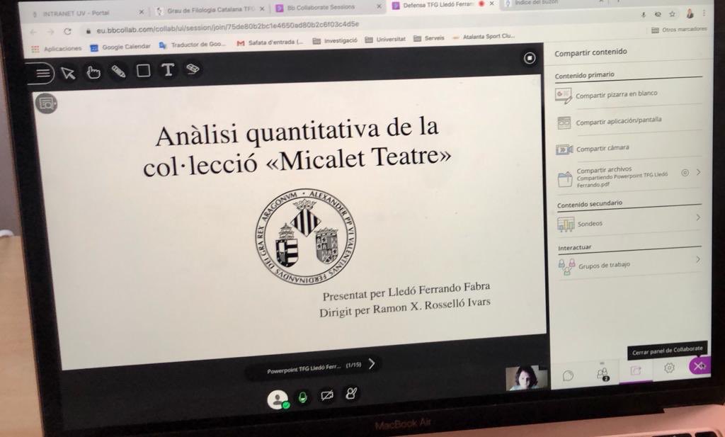 FiloCatUV's tweet photo. Més estudiants han presentat el #TFG en línia, com Imma, sobre les lectures proposades a l’ESO, dirigit per @gemmalluch, o Lledó, sobre la col·lecció “Micalet Teatre”, dirigit per #RamonRosselló. #FilologiaCatalana #TFGenLínia https://t.co/sC4i4mFsWP