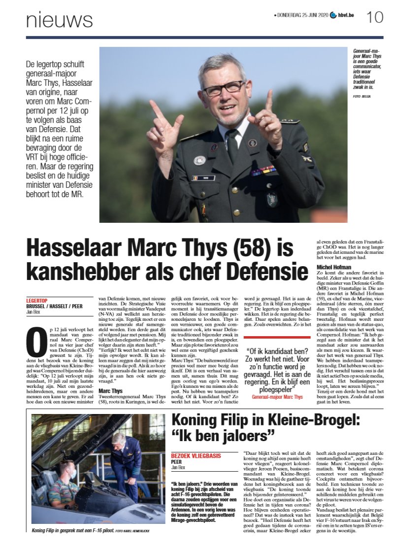 VRT schuift na poll bij legertop @general_thys
en Hofman naar voren als volgende #ChoD. Thys: "Of ik kandidaat ben? Zo werkt het niet. Voor zo'n functie word je gevraagd." Hofman: "Ik heb gezegd aan minister dat ik het mandaat zeker zou aanvaarden." #Defensie Vandaag in #HBvL