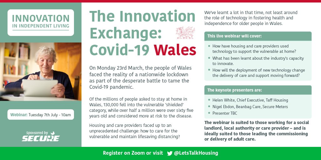 Innovation in Independent Living #Wales 7/7/20 How are Welsh care and housing providers innovating through the Covid-19 crisis? Join @TaffHousing CEO Helen White <a href="/taff_Helen/">Helen White</a> @SecureMeters &amp; other experts online to learn &amp; share. #UKHousing Register at us02web.zoom.us/webinar/regist…