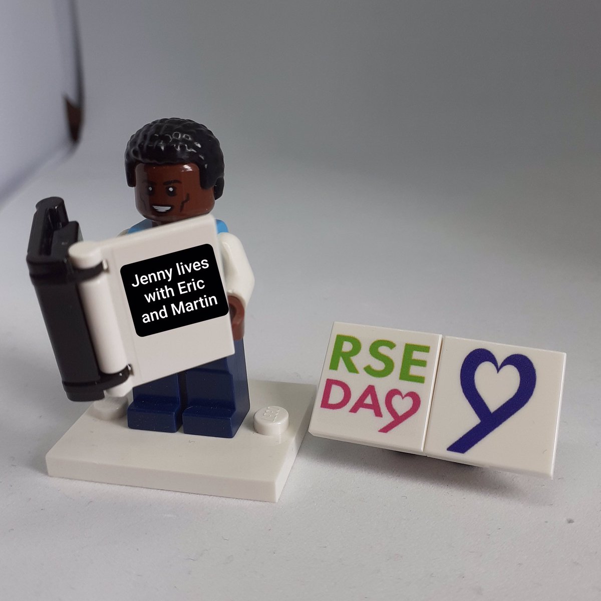 elsdraeger's tweet image. And then there is the book that triggered Section 28 - Jenny lives with Eric and Martin. I don’t have a copy, so the 12yo made it in Lego for me. @RSE_day #RSEday #RSEtogether